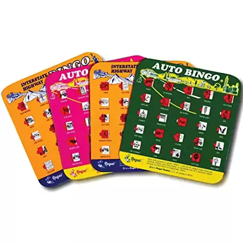 Regal Games Finger-Tip Shutter Bingo Cards with Sliding Windows - Interstate Bingo & Auto Bingo Game - Assorted Colors Travel Bingo Game Set Kids - Reusable, No Chips & Daubers Needed - 4 Pack...