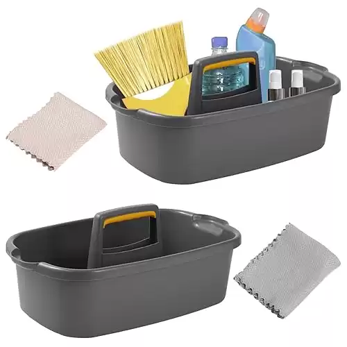 Cleaning Supplies Caddy Organizer with Handle Plastic Tool Storage Basket for Bathroom, Kitchen, Under Sink,2 Pack with 2Pack Microfiber Cleaning Cloths,Gray