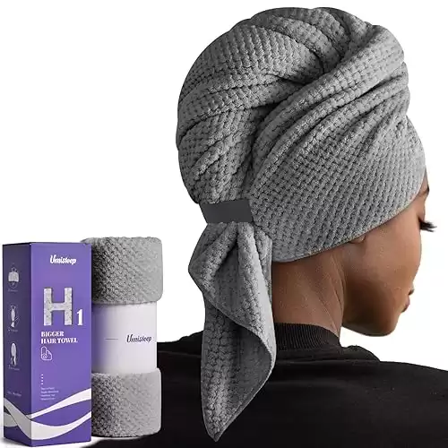 Extra Large Microfiber Hair Towel for Women Long, Curly, Thick Hair, Super Soft Anti Frizz Quick Dry Hair Towel Wrap, Ultra Absorbent Hair Turban with Elastic Band Grey