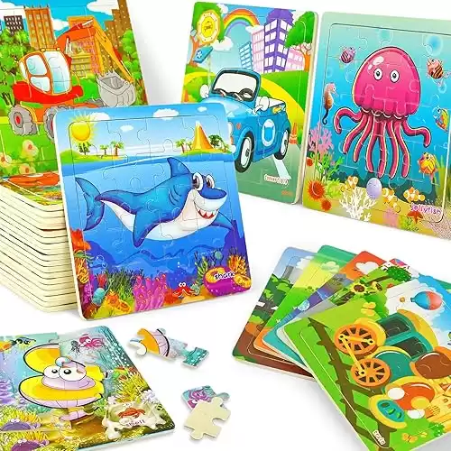 Vileafy 24 Pack Puzzles Party Favors for Kids 3-5 Years Old, Traffic and Sea Animals Themes Wooden Puzzles for Boys and Girls, 5.8 X 5.8 Inches, Portable Small Travel Puzzles with Organza Bags